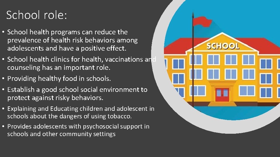 School role: • School health programs can reduce the prevalence of health risk behaviors