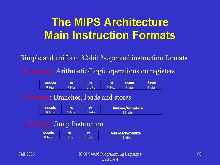 The MIPS Architecture Main Instruction Formats Simple and uniform 32 -bit 3 -operand instruction