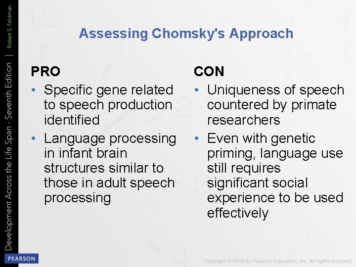 Assessing Chomsky's Approach PRO • Specific gene related to speech production identified • Language