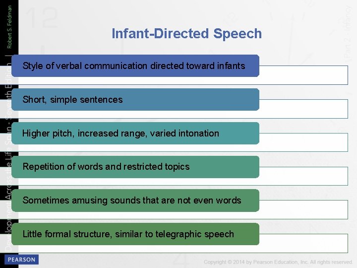 Infant-Directed Speech Style of verbal communication directed toward infants Short, simple sentences Higher pitch,