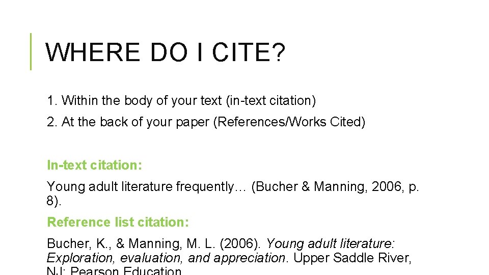 WHERE DO I CITE? 1. Within the body of your text (in-text citation) 2.