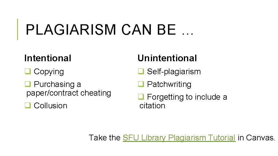 PLAGIARISM CAN BE … Intentional Unintentional q Copying q Self-plagiarism q Purchasing a paper/contract