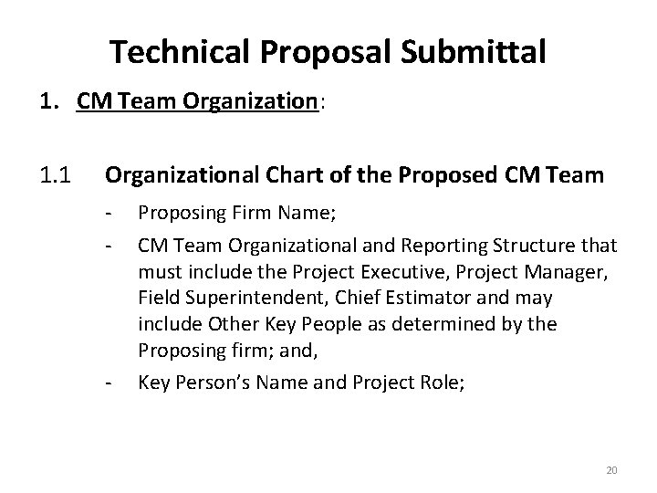 Technical Proposal Submittal 1. CM Team Organization: 1. 1 Organizational Chart of the Proposed