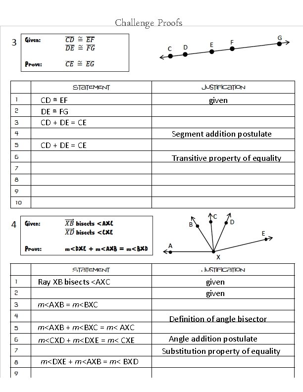Challenge Proofs CD ≅ EF DE ≅ FG CD + DE = CE given