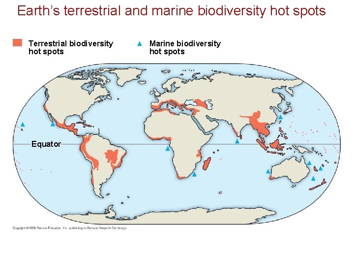 Earth’s terrestrial and marine biodiversity hot spots Terrestrial biodiversity hot spots Equator Marine biodiversity