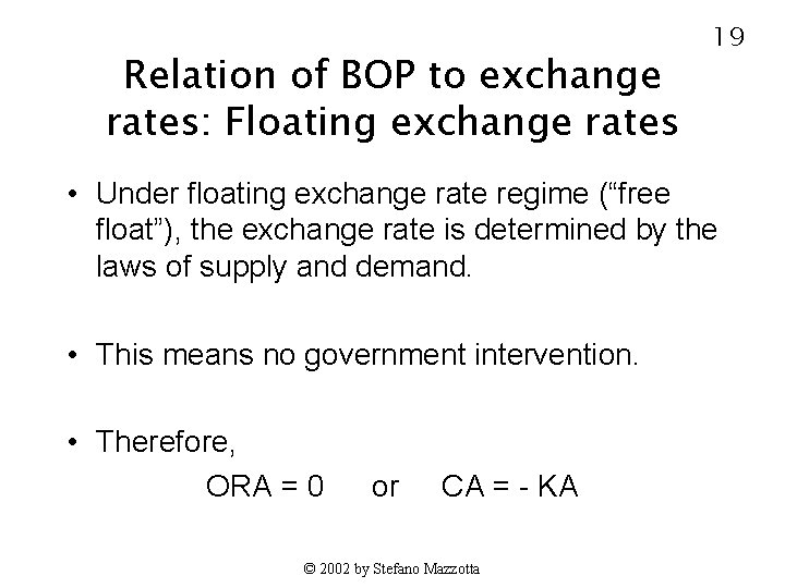 Relation of BOP to exchange rates: Floating exchange rates 19 • Under floating exchange