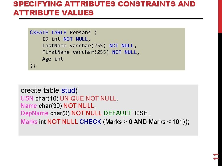 SPECIFYING ATTRIBUTES CONSTRAINTS AND ATTRIBUTE VALUES CREATE TABLE Persons ( ID int NOT NULL,