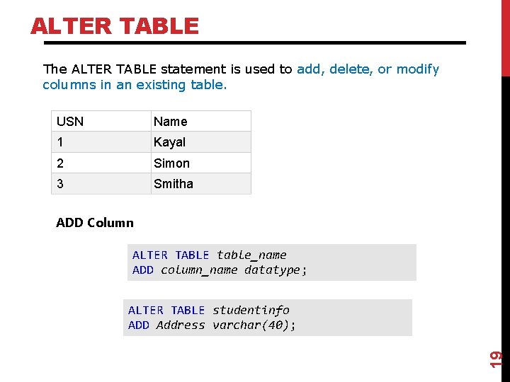 ALTER TABLE The ALTER TABLE statement is used to add, delete, or modify columns