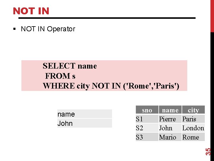 NOT IN § NOT IN Operator SELECT name FROM s WHERE city NOT IN