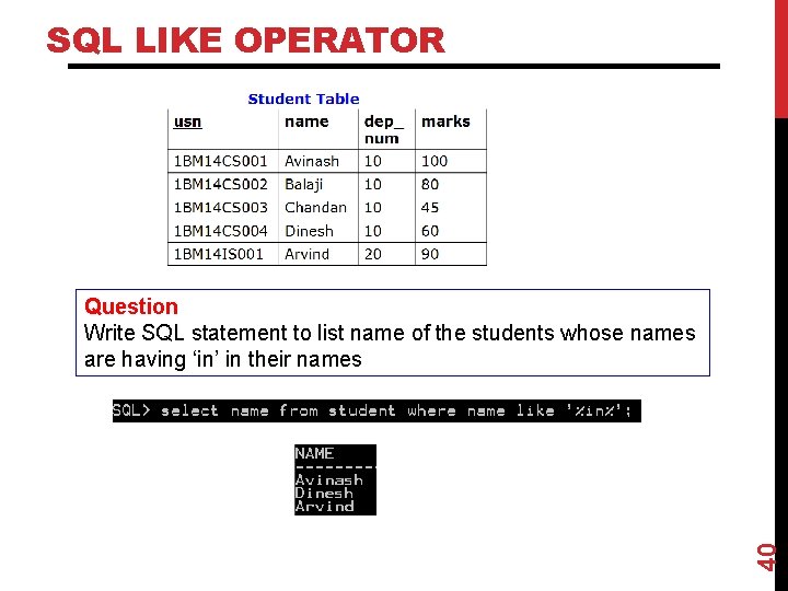 SQL LIKE OPERATOR 40 Question Write SQL statement to list name of the students