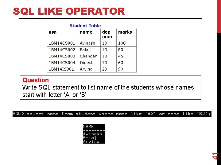 SQL LIKE OPERATOR 41 Question Write SQL statement to list name of the students