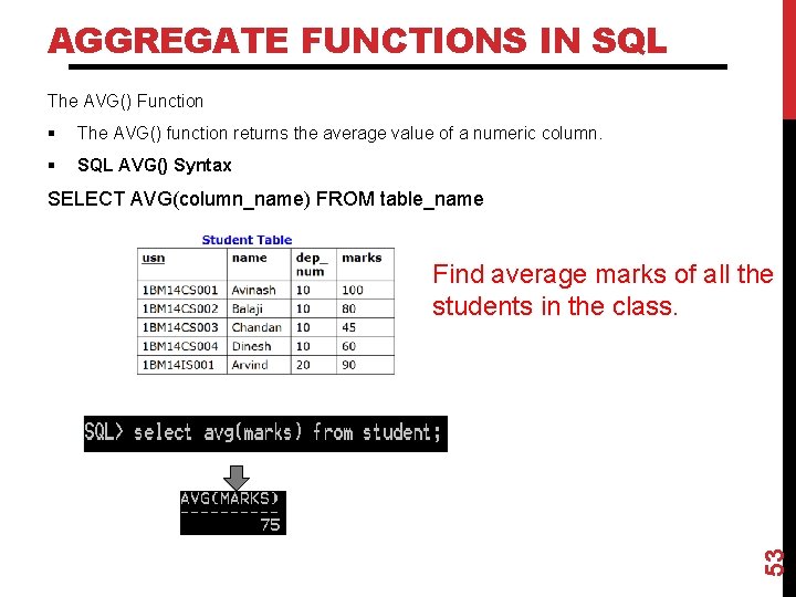 AGGREGATE FUNCTIONS IN SQL The AVG() Function § The AVG() function returns the average