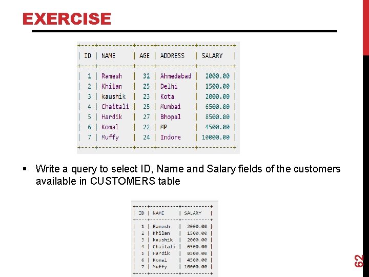 EXERCISE 62 § Write a query to select ID, Name and Salary fields of