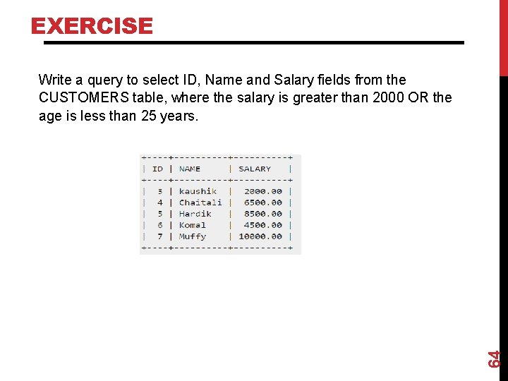 EXERCISE 64 Write a query to select ID, Name and Salary fields from the