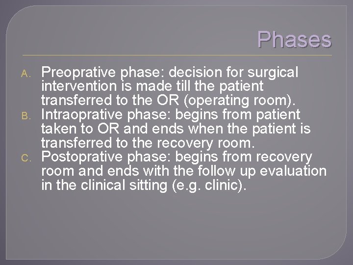 Phases A. B. C. Preoprative phase: decision for surgical intervention is made till the