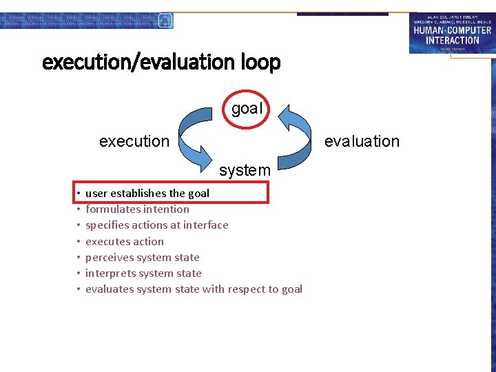 execution/evaluation loop goal execution evaluation system • • user establishes the goal formulates intention