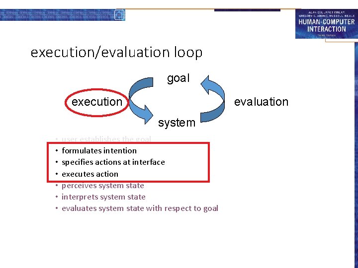 execution/evaluation loop goal execution evaluation system • • user establishes the goal formulates intention