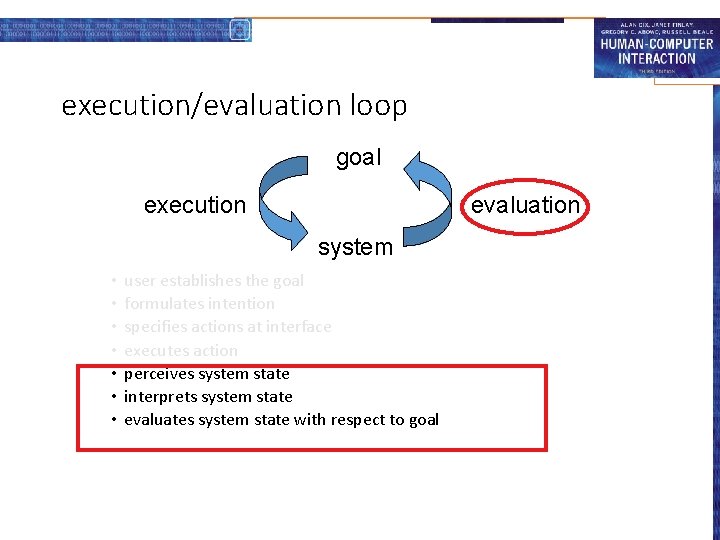 execution/evaluation loop goal execution evaluation system • • user establishes the goal formulates intention