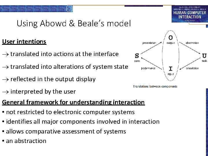 Using Abowd & Beale’s model User intentions translated into actions at the interface translated