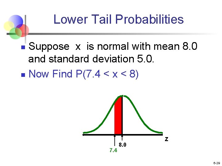 Lower Tail Probabilities Suppose x is normal with mean 8. 0 and standard deviation Lower Tail Probabilities Suppose x is normal with mean 8. 0 and standard deviation