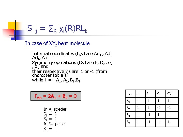 S ij = ∑R χi(R)RLk In case of XY 2 bent molecule Internal coordinates