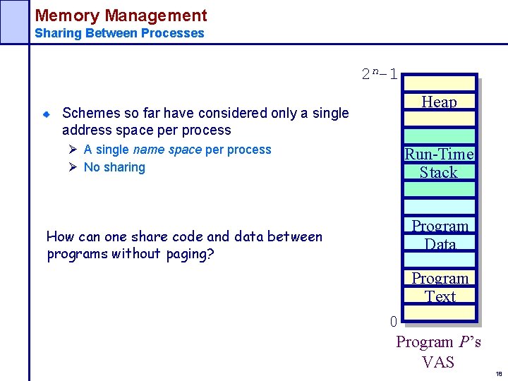 Memory Management Sharing Between Processes 2 n-1 Schemes so far have considered only a