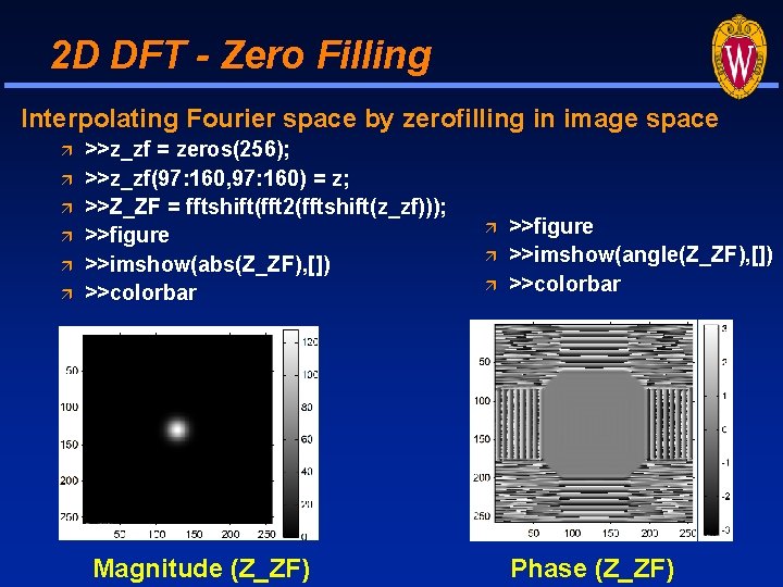 2 D DFT - Zero Filling Interpolating Fourier space by zerofilling in image space 2 D DFT - Zero Filling Interpolating Fourier space by zerofilling in image space