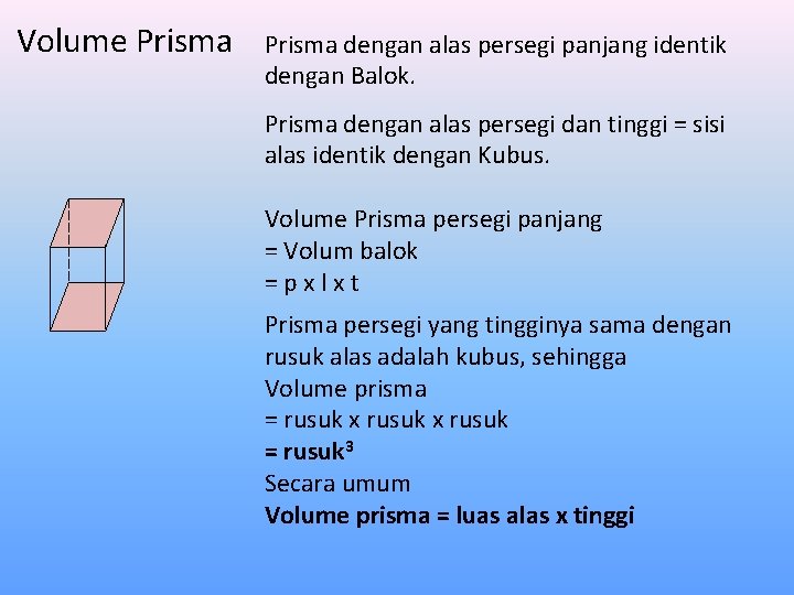 Volume Prisma dengan alas persegi panjang identik dengan Balok. Prisma dengan alas persegi dan