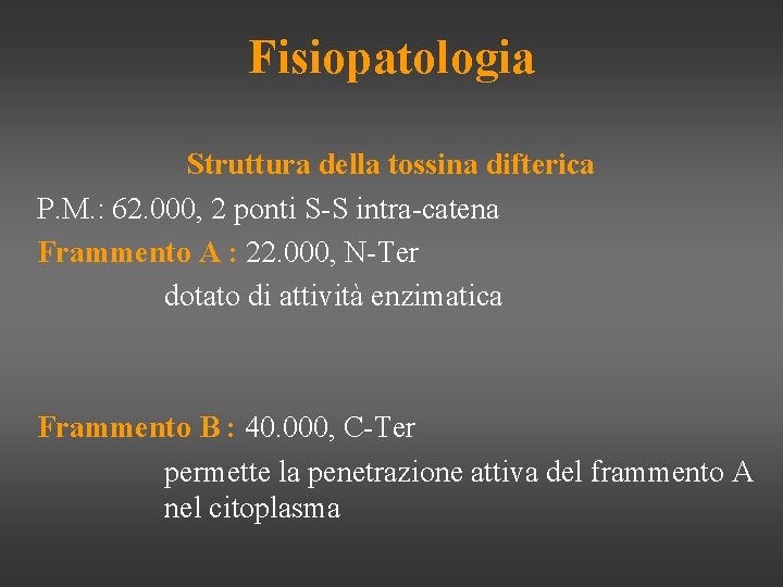 Fisiopatologia Struttura della tossina difterica P. M. : 62. 000, 2 ponti S-S intra-catena