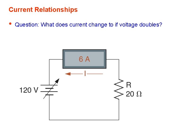 Current Relationships • Question: What does current change to if voltage doubles? 