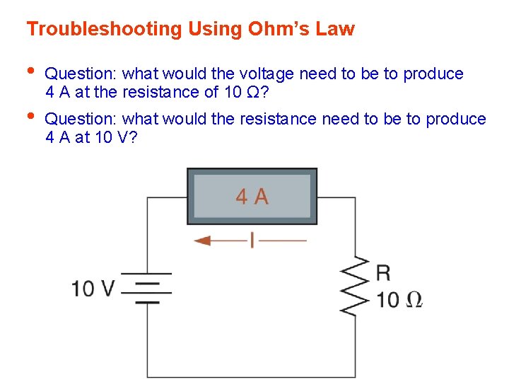 Troubleshooting Using Ohm’s Law • • Question: what would the voltage need to be