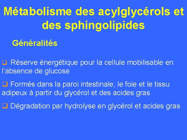 Métabolisme des acylglycérols et des sphingolipides Généralités q Réserve énergétique pour la cellule mobilisable