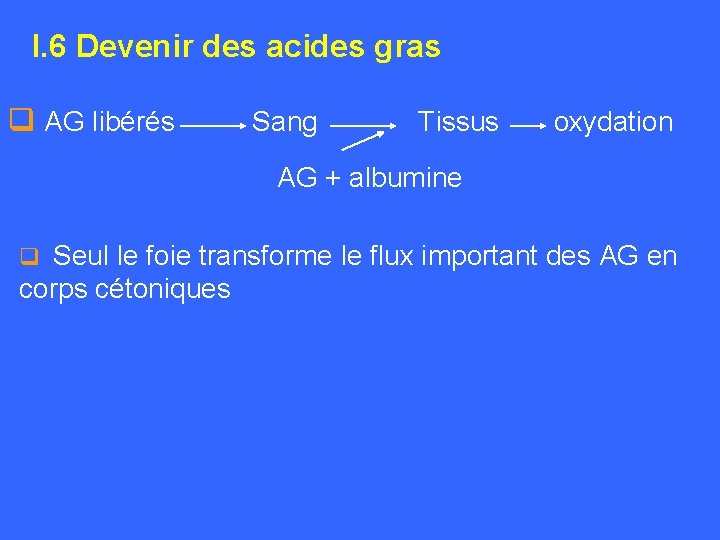 I. 6 Devenir des acides gras q AG libérés Sang Tissus oxydation AG +