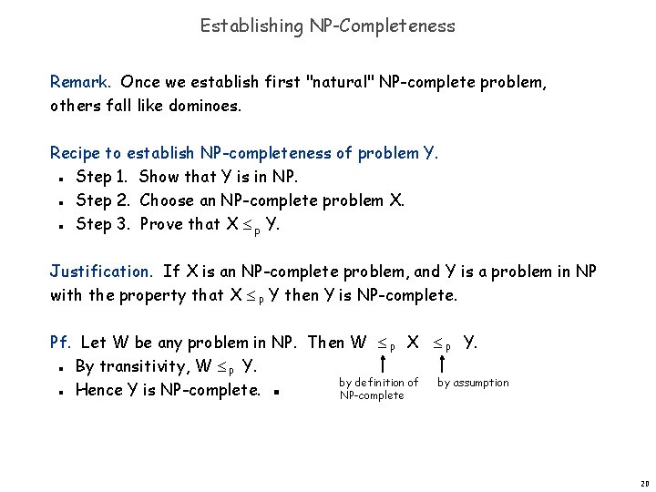 Establishing NP-Completeness Remark. Once we establish first "natural" NP-complete problem, others fall like dominoes.