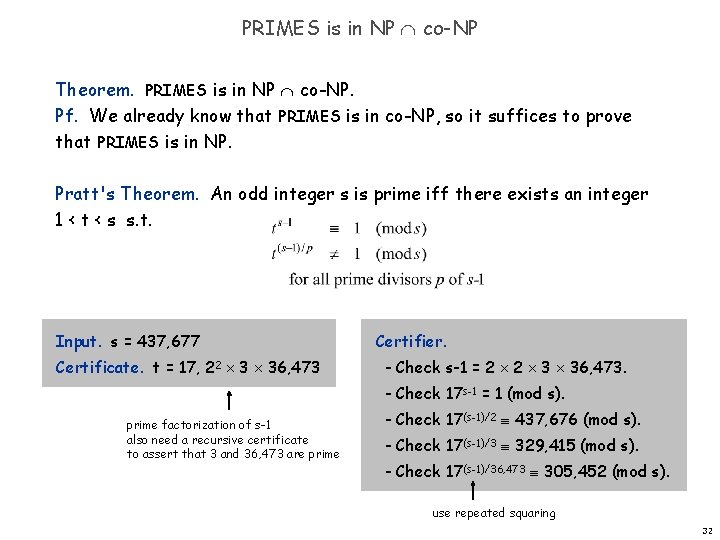 PRIMES is in NP co-NP Theorem. PRIMES is in NP co-NP. Pf. We already