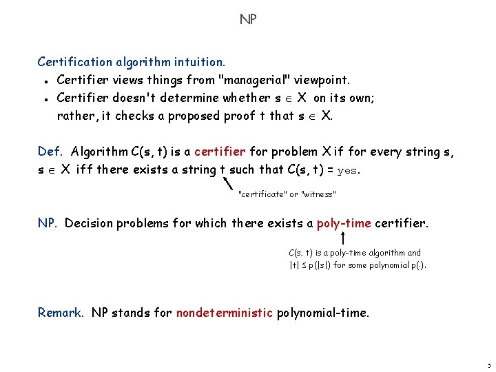 NP Certification algorithm intuition. Certifier views things from "managerial" viewpoint. Certifier doesn't determine whether