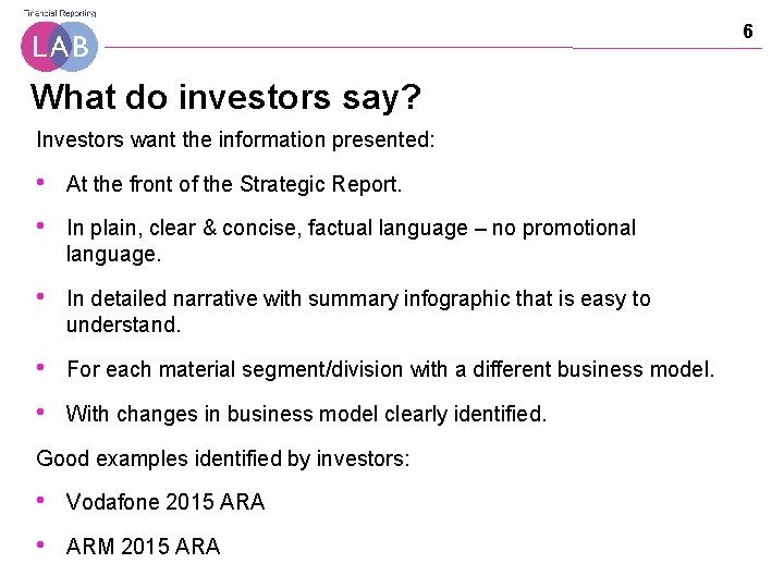 6 What do investors say? Investors want the information presented: • At the front