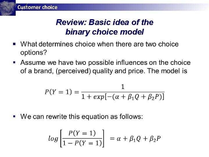 Customer choice Review: Basic idea of the binary choice model § Customer choice Review: Basic idea of the binary choice model §