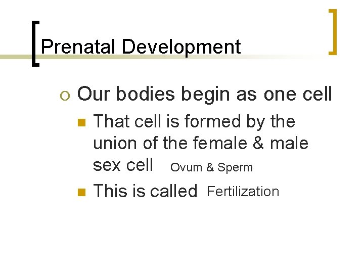 Prenatal Development Our bodies begin as one cell That cell is formed by the