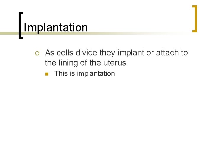 Implantation As cells divide they implant or attach to the lining of the uterus