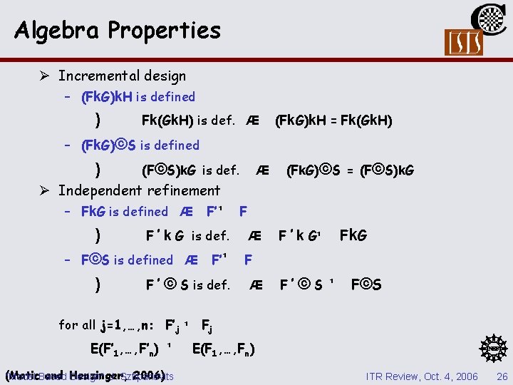 Algebra Properties Ø Incremental design – (Fk. G)k. H is defined ) Fk(Gk. H) Algebra Properties Ø Incremental design – (Fk. G)k. H is defined ) Fk(Gk. H)