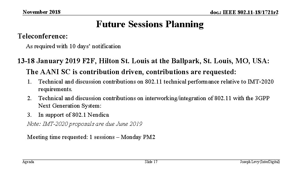 November 2018 doc. : IEEE 802. 11 -18/1721 r 2 Future Sessions Planning Teleconference: