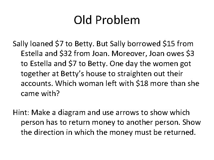 Old Problem Sally loaned $7 to Betty. But Sally borrowed $15 from Estella and