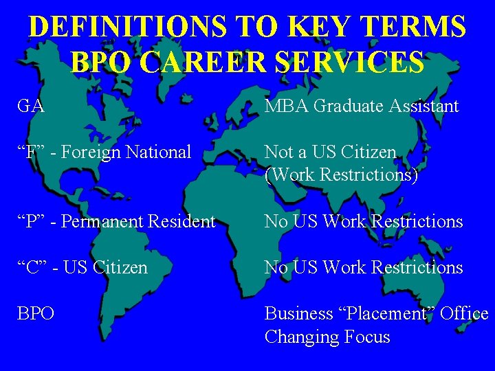 DEFINITIONS TO KEY TERMS BPO CAREER SERVICES GA MBA Graduate Assistant “F” - Foreign