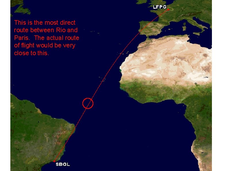 This is the most direct route between Rio and Paris. The actual route of