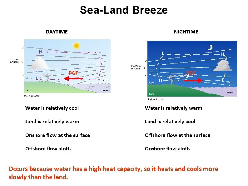 Sea-Land Breeze DAYTIME NIGHTIME PGF Water is relatively cool Water is relatively warm Land