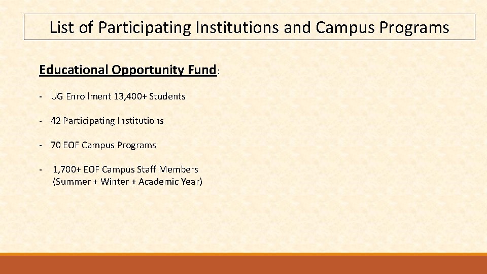 List of Participating Institutions and Campus Programs Educational Opportunity Fund: - UG Enrollment 13,
