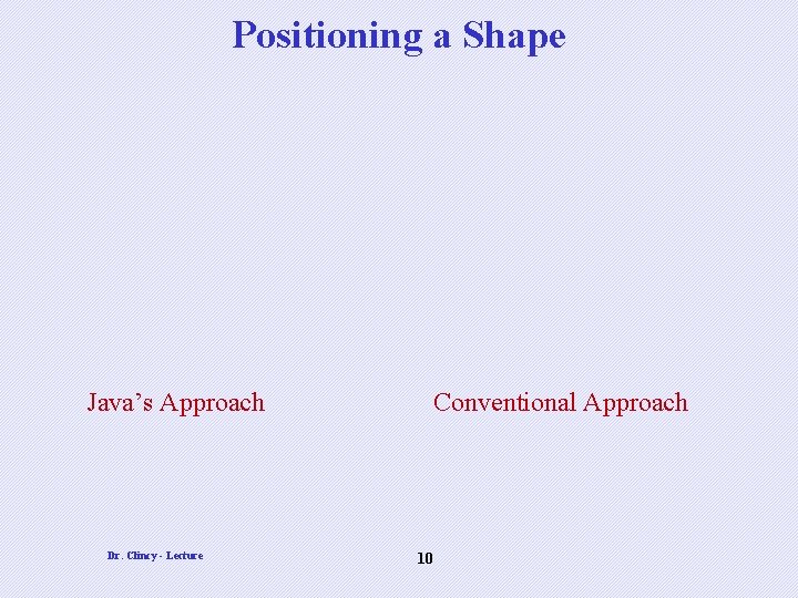 Positioning a Shape Java’s Approach Dr. Clincy - Lecture Conventional Approach 10 Positioning a Shape Java’s Approach Dr. Clincy - Lecture Conventional Approach 10