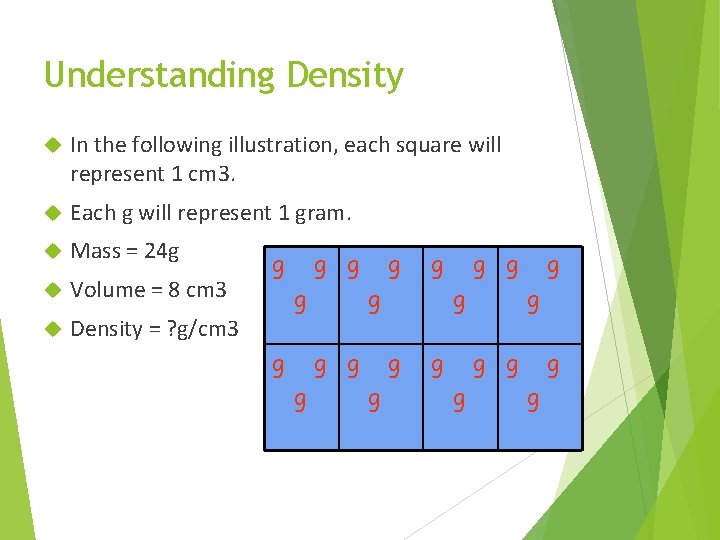 Understanding Density In the following illustration, each square will represent 1 cm 3. Each