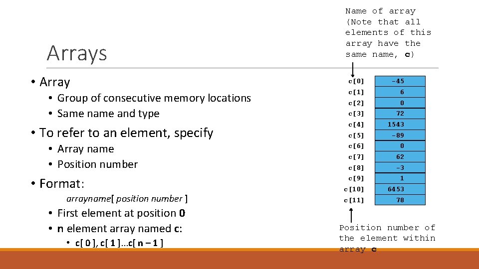 Arrays • Array • Group of consecutive memory locations • Same name and type